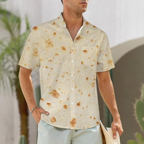 FULAOER Burrito Tortilla Pattern Men's Stand Collar Shirt Summer Beach Short Sleeve Button Casual Shirt S, Style-23-2