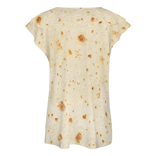 Generic Burrito Tortilla Pattern Women's V Neck Ruffle Short Sleeve T-Shirts Casual Loose Summer Top 3XL, Style-41-9