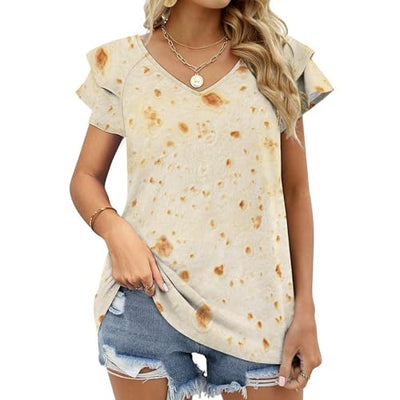 Generic Burrito Tortilla Pattern Women's V Neck Ruffle Short Sleeve T-Shirts Casual Loose Summer Top 3XL, Style-41-9