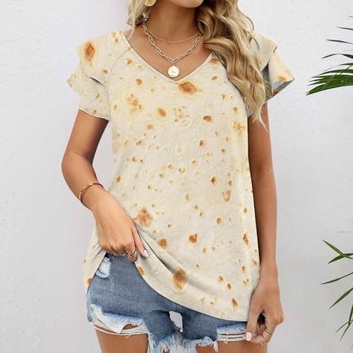 Generic Burrito Tortilla Pattern Women's V Neck Ruffle Short Sleeve T-Shirts Casual Loose Summer Top 3XL, Style-41-9