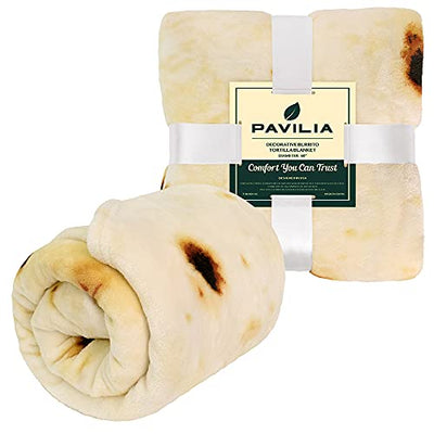 PAVILIA Tortilla Blanket Gift | Giant Tortilla Novelty Food Blanket, Double Sided X Large Tortilla Wrap Fleece Throw, Funny Gift Cool Gag Fun Gifts for Adults Kids Friends (Beige, 80 Inches)