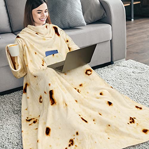 PAVILIA Premium Fleece Blanket with Sleeves for Women Men Adult, Wearable Blanket Warm Cozy, Super Soft Sleeved Throw with Arm, Gift for Women Mom Wife (Burrito Beige, Regular Pocket)